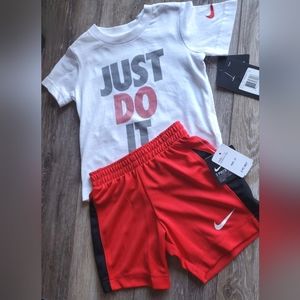 NIKE toddler boy's white, black & red graphic tee,nylon shorts set Sz 2T